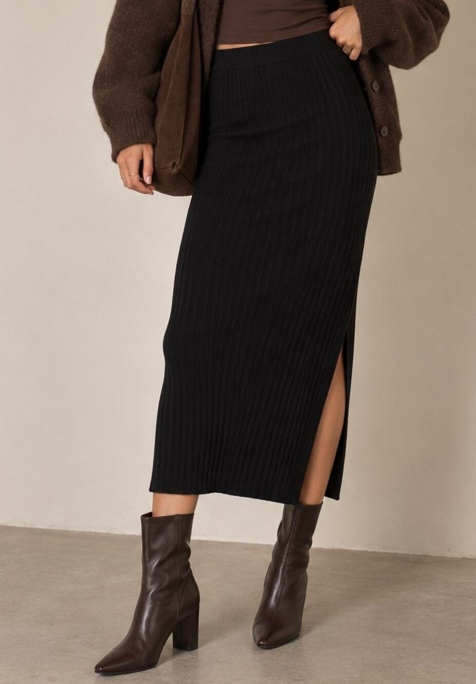 Abercrombie & Fitch Ribbed Knit Midi Skirt Slit Size S Black Minimal Going Out